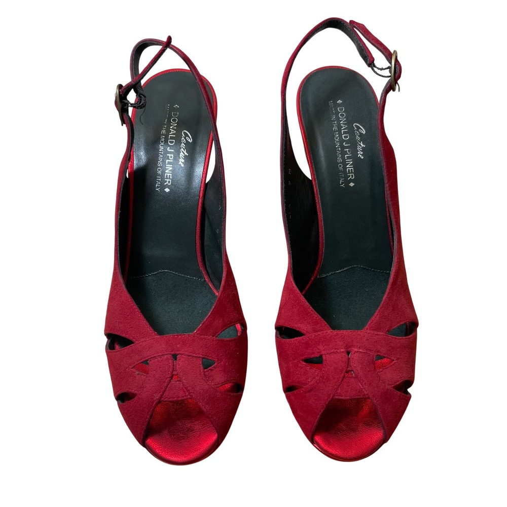 Donald J Pliner Red Suede Metallic Slingback Peep Toe Heels Made in Italy Size 9